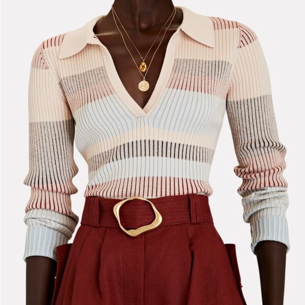 Intermix Ashton Striped Rib Knit Polo Top